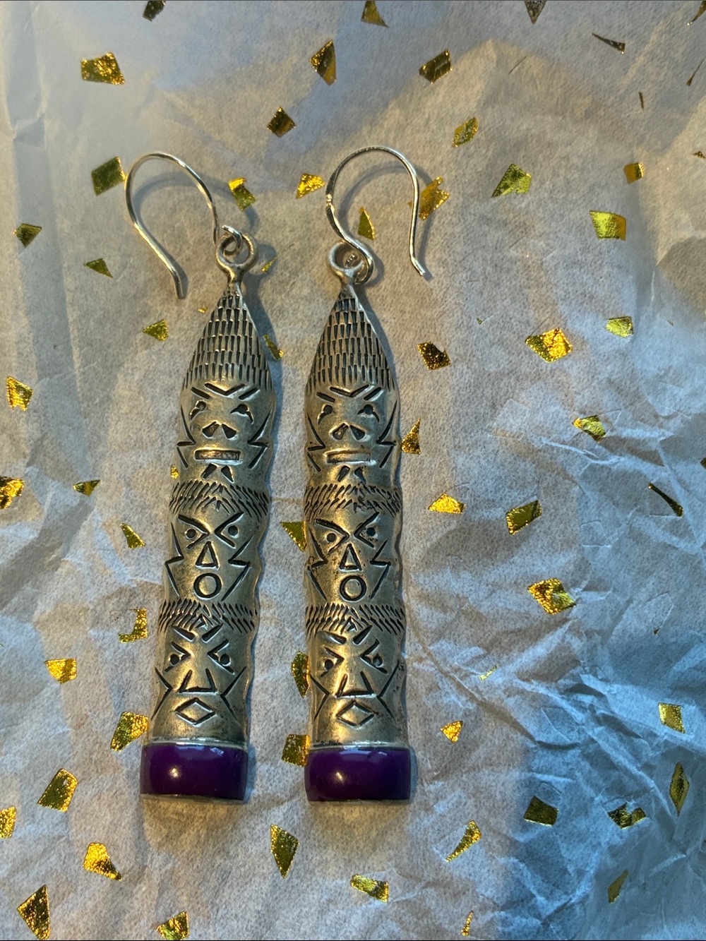 Sterling Tribal Totem Drop Earrings with Purple Accent. Signed OTT